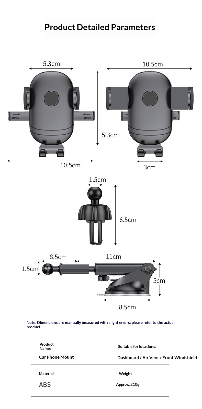 Car air vent phone holder, car dashboard suction cup anti-shake support frame, retractable phone holder插图15